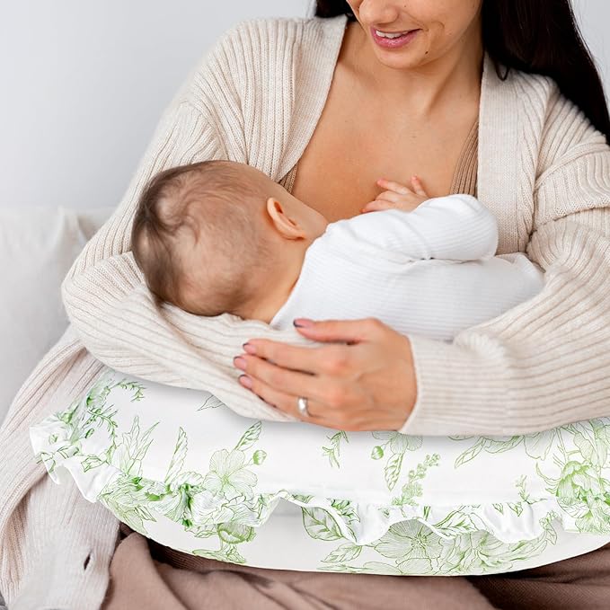 DILIMI Nursing Pillow Cover, Removable Ruffled Pillowcase for Breastfeeding Pillows, Ultra Soft Comfortable Slipcover for Baby Girl and Boy, Green Floral