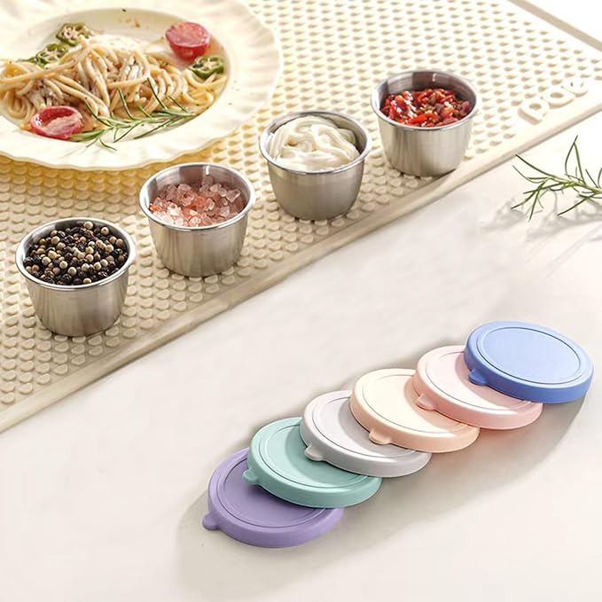 PandaEar 6 Pack 2.4 oz Stainless Steel Condiment Containers with Leakproof Silicone Lids, Reusable Small Sauce Cups for Salad Dressing, Lunch Box, Travel & Meal Prep, Dishwasher & Freezer Safe