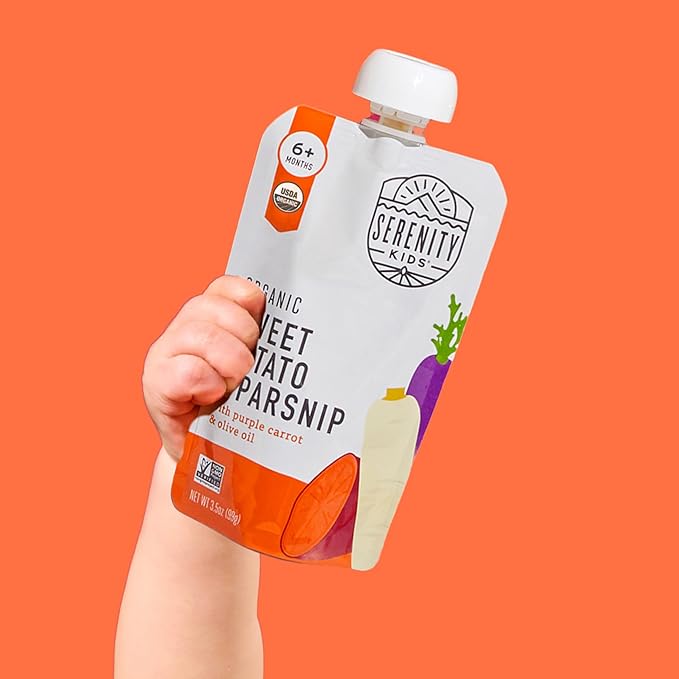 Serenity Kids 6+ Months Veggie Puree Baby Food Pouches - USDA Organic Baby Snacks - No Added Sugar Toddler Food - 1 Serving of Veggies for Toddler Snack - Sweet Potato & Parsnip - 3.5 Oz, Pack of 6