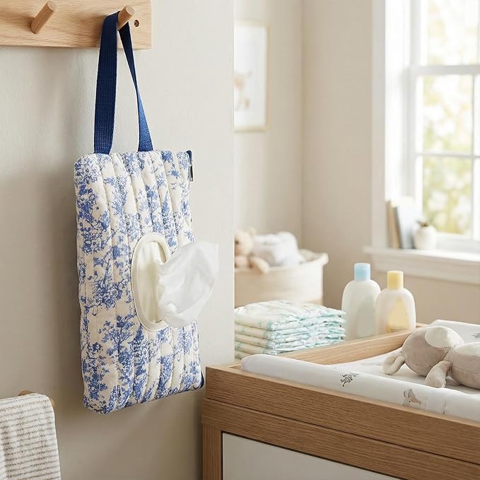 Quilted Baby Wipe Holder, Canvas Floral Quilted Pouch with Hanging Strap, Portable Diaper Wipe Holder for Travel Stroller-Classic Blue