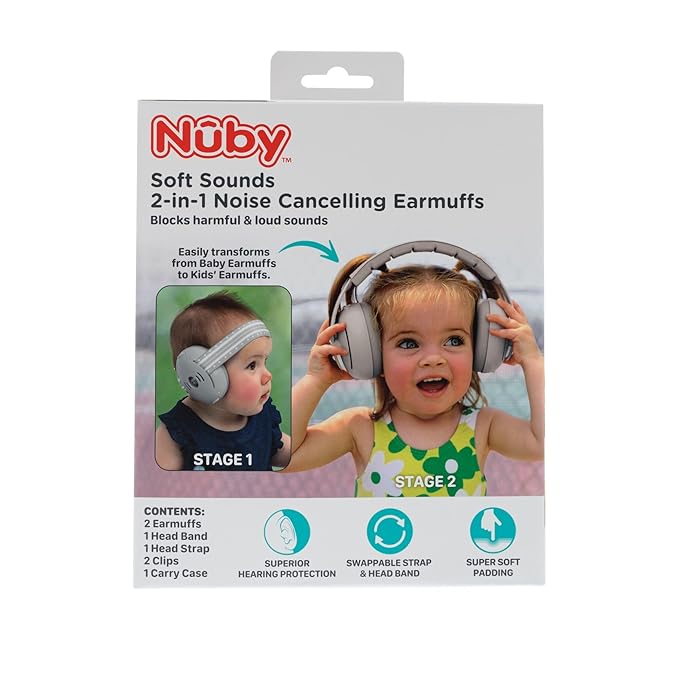 Nuby Soft Sounds 2-in-1 Noise-Canceling Baby Earmuffs with Travel Case - Adjustable Noise Protection for Infants and Toddlers - Orange