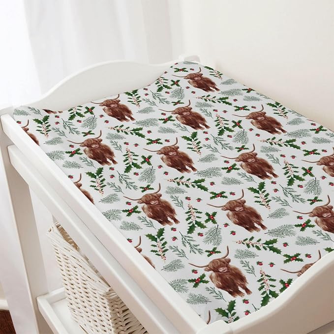 Christmas Highland Cows Changing Pad Cover Cute Yak Cherry Fir Leaves Diaper Changing Table Cover Sheets for Boys Girls Soft Breathable Stretchy Fitted Changing Table Mats 32''x16''