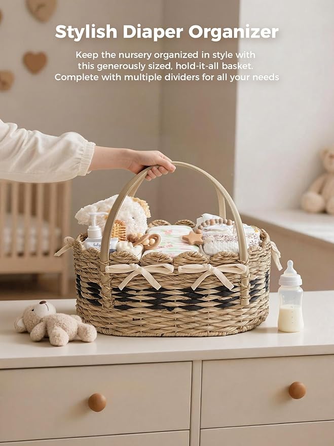 Diaper Caddy Organizer, Hand Woven Scalloped Diaper Caddy Basket Changing Table Organizer, Natural Seagrass Wicker Nursery Bakset Picnic Basket Household Organizer, Natural