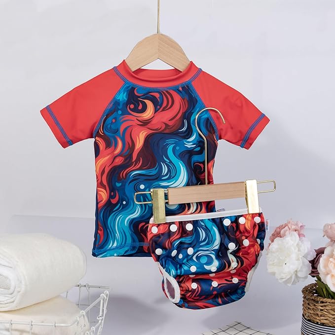 ALVABABY Baby Girl Swimsuit, 2-Piece Infant Toddler Bathing Short Sleeve Swimwear, Large Baby Reusable Swim Diaper with Matching Top