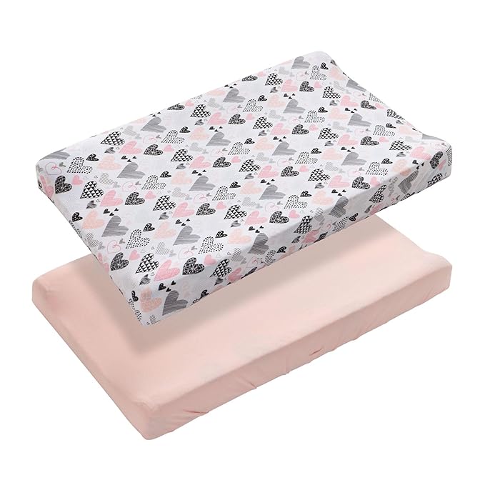 Pack of 2 Changing Pad Cover, 100% Cotton Breathable Changing Table Cover, Ultra Soft Diaper Changing Pad Covers Sheets for Newborns Infant Babies Girls Boys (Pink and Hearts)