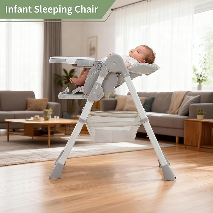 GarveeLife Foldable High Chair for Babies & Toddlers, PU Leather Highchair with Adjustable Backrest, Footrest, Seat Height, Removable Tray, 5-Point Safety Harness, Light Grey