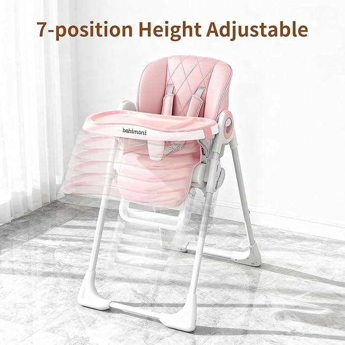 babimoni 4 in 1 High Chairs for Babies and Toddlers, Foldable Baby High Chairs, Feeding and Eating Seat Highchair with 4 Levels of Recline and 7 Levels of Height Adjustment, Pink