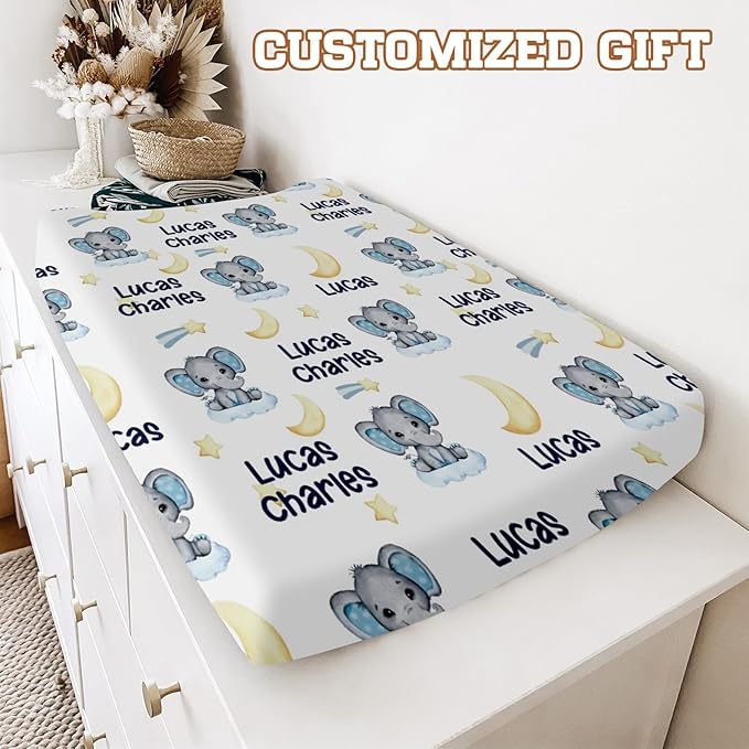 Personalized Baby Changing Pad Cover with Name - 2 Piece Lovely Elephant Baby Pee Pad Cover for Diaper Changing Table with Name, Custom Gifts for Infant Baby