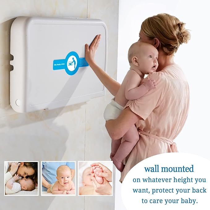 Baby Changing Station Wall Mounted, Baby Changing Table with Safrty Strap, HDPE Fold-Down Diaper Changing Station Table, Foldable Diaper Changing Unit for Commercial Bathroom Restroom,