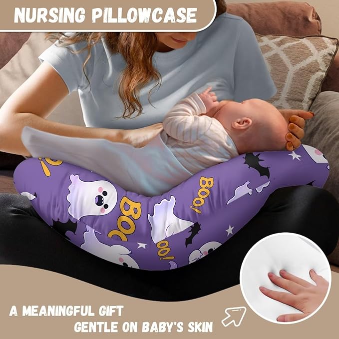 Nursing Pillow Cover for Baby Boys, Halloween Decorations Indoor Breastfeeding Pillow Slipcover, Boo Ghost Bat Pillowcase for Newborn Infant Cover Only
