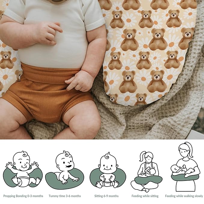 Vintage Bear Daisy Baby Nursing Pillow Covers for Boy Girl Retro Bears Boho Floral Nursing Slipcovers for Breastfeeding Pillows Boho Animals Soft Stretchy Removable Covers for Newborn Infant