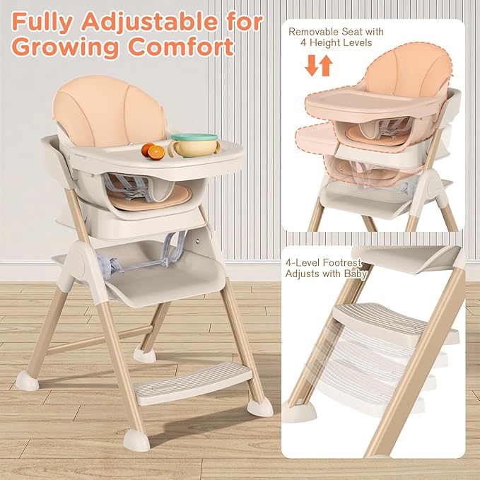 6-in-1 High Chair for Babies and Toddlers, 2026 New Aluminum Alloy Folding Toddler Step Stool with 4-Position Height, Detachable Double-Layer Tray, 6 Growing Stages from Infant to Toddler Seating