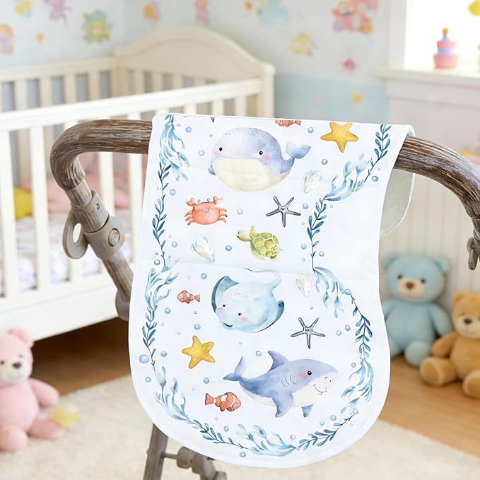 2pcs Ocean Burp Cloths for Baby Boys Girls 100% Cotton Sea Animal Themed Design Burp Rags, Soft Breathable Muslin Burping Cloths Absorbent Spit-Up Cloths for Infant Newborns
