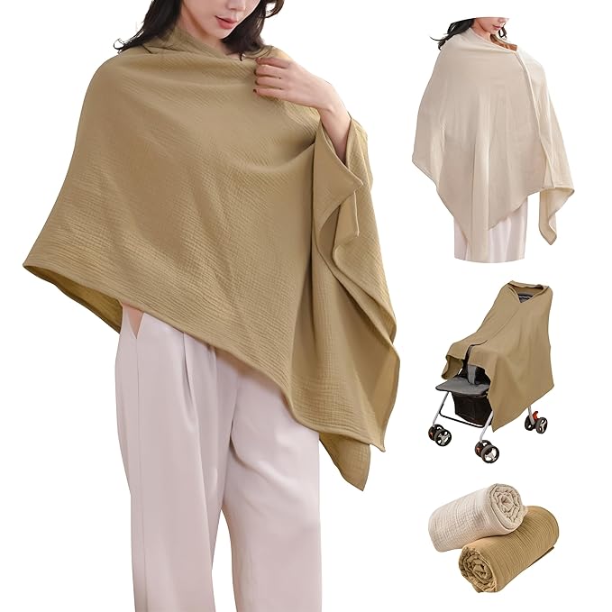 TADO MUSLIN 2-Pack Muslin Nursing Cover for Baby Breastfeeding, 100% Organic Cotton Breastfeeding Cover for Mom, Soft Breathable Privacy Nursing Apron, Multi-use Stroller Cover & Car Seat Canopy Beige