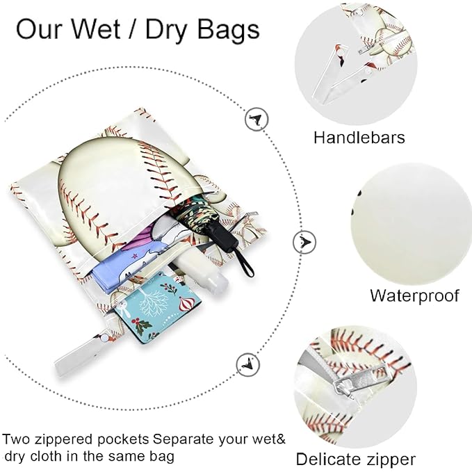 visesunny Baseball 2Pcs Wet Bag with Zippered Pockets Washable Reusable Roomy for Travel,Beach,Pool,Daycare,Stroller,Diapers,Dirty Gym Clothes, Wet Swimsuits, Toiletries