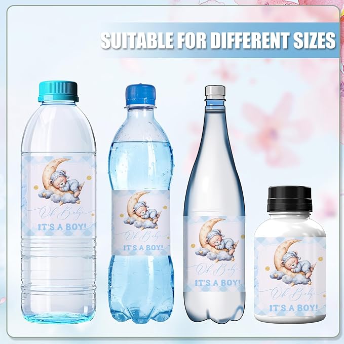 NQEUEPN 50pcs Baby Shower Water Bottle Labels, Waterproof Decorative Water Bottle Labels Personalized Water Bottle Wrap Stickers for Baby Shower Party Decorations (Boys Style 1)