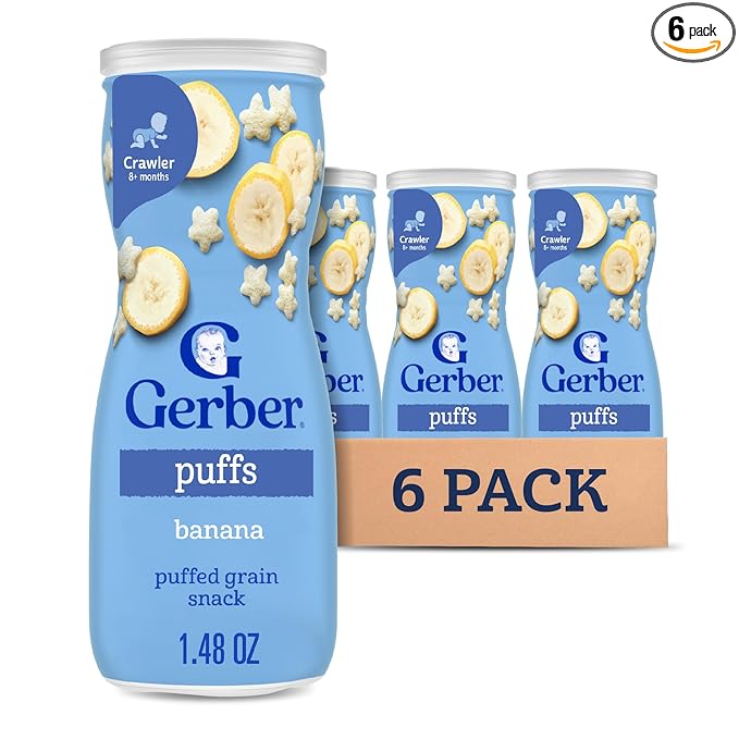 Gerber Stage 3 Baby Snacks, Banana Puffs, Puffed Grain Snack, Baby Led Feeding, Iron & Choline, Puffs Snacks for Babies, 6-Pack