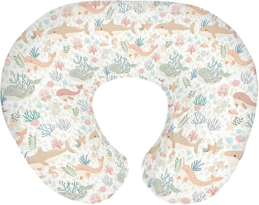 Girly Whale Baby Nursing Pillow Covers for Boy Girl Narwhal Shark Jellyfish Corals Nursing Slipcovers for Breastfeeding Pillows Boho Sea Ocean Animals Leopard Soft Stretchy Cover for Newborn Infant