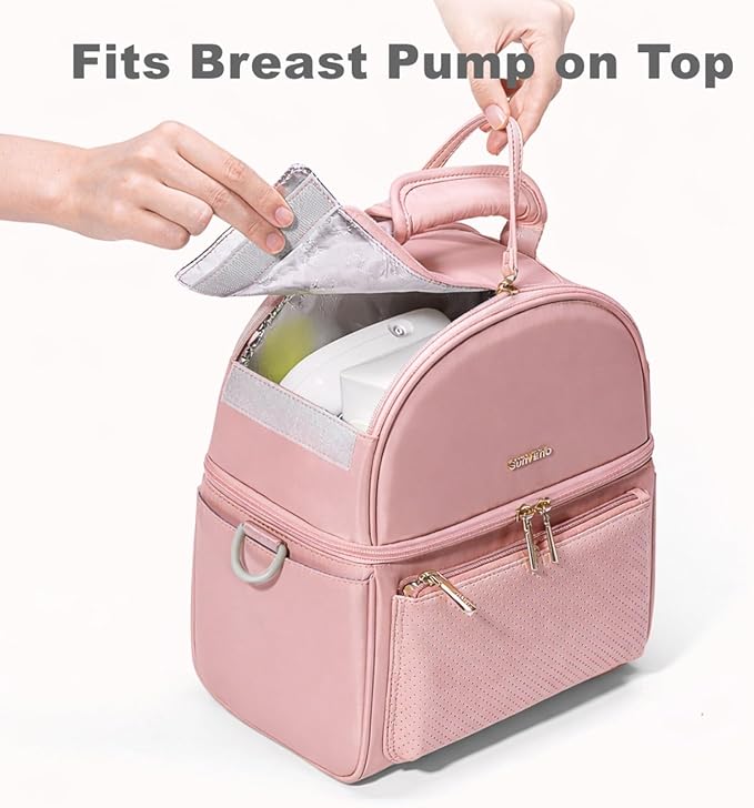 SUNVENO Breast Milk Cooler Bag with Detachable Insulation Box, Double-Layer Pumping Travel Bag for Work & Daycare, Fits Bottles, Ice Packs and Pump Parts,Pink