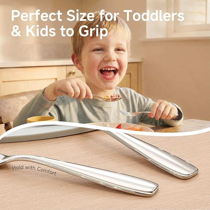 KINGSTONE Toddler & Kids Utensils Set - Large + Small 18/10 Stainless Steel Fork & Spoon, 4-Piece Food-Grade Kids Transition Silverware, Mirror Polished, Dishwasher Safe for Home & School
