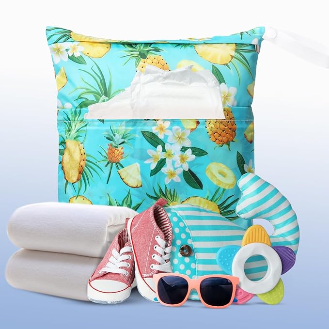 Frienda 4 Pieces Cloth Diaper Wet Dry Bag, Waterproof Reusable Washable Bag for Baby Items and Travel Zippered Pockets with Handle, Beach, Swimsuit, Dirty Gym Clothes and Toiletries(Plant)