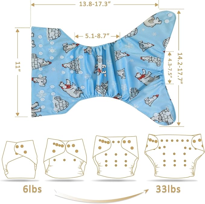 TDIAPERS Cloth Diapers Reusable Washable Pocket Diapers Cover One Size Adjustable for Baby Snaps Cloth Diapers Nappy 6 Pack with 6 Pcs Microfiber Inserts,1 Wet Bag
