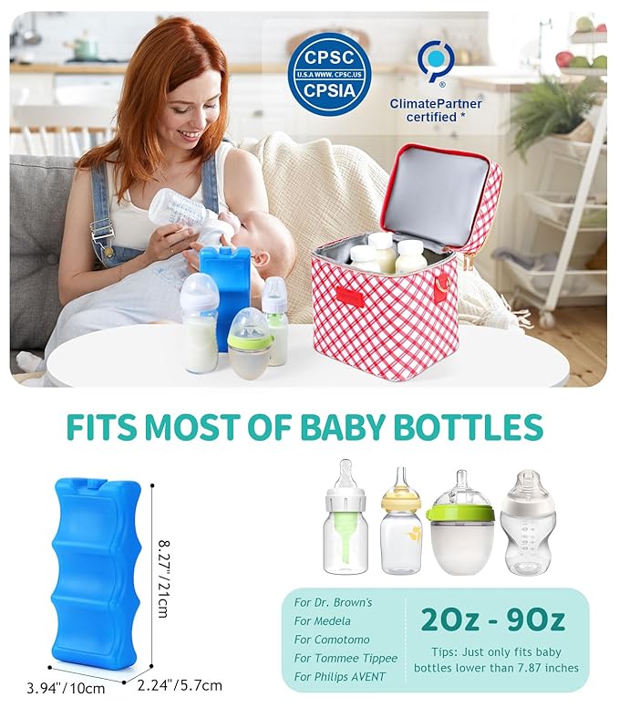 PIIOSER Breastmilk Cooler Bag with Ice Pack, Fits 6 Baby Bottles Up to 9 Oz, Stylish Baby Cooler Travel Bags with Shoulder Strap, Double Deck & Leakproof for Nursing & Working Mom-Red & White Striped