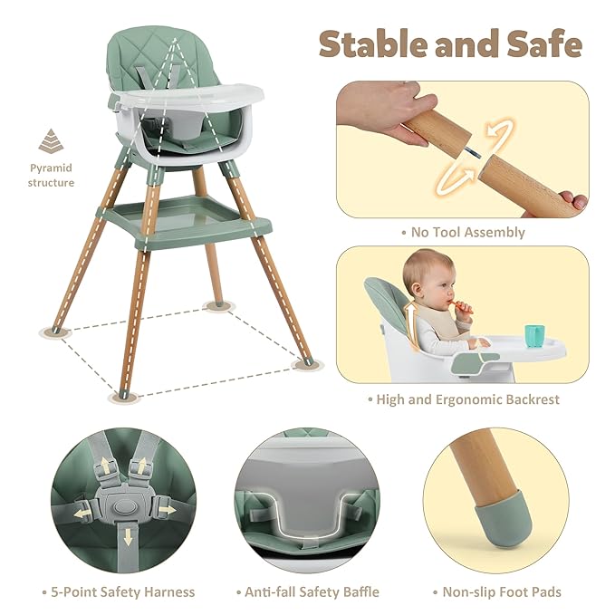 TODEFULL 8 in 1 Wooden High Chairs for Babies Toddlers, Convertible to Booster Seat, Baby Feeding Highchair w/ 5-Point Safety Harness, Removable Tray & Cushion, Green