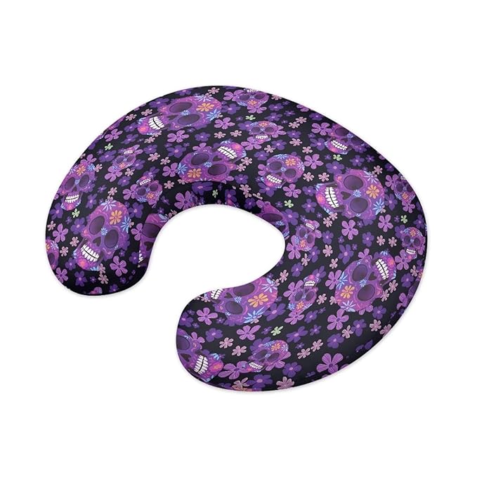 Sugar Skull Baby Nursing Pillow Cover, Flower Skulls Stretchy Nursing Pillow Covers for Mom Baby, Mexico Day of Dead Removable Nursing Pillow Cover, Purple