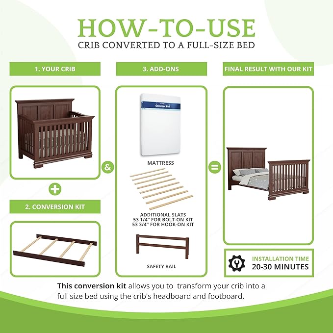 CC KITS Full-Size Conversion Kit Bed Rails Compatible with Simmons Kids Convertible Cribs by Delta Children - Solid Wood Rail - Toddler and Adult Bed Rail for Full-Size (Vintage Cherry, Hook-ON KIT)