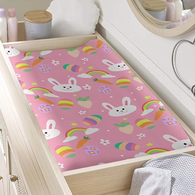 Rabbit Easter Baby Changing Pad Cover Stretchy Diaper Changing Cover Waterproof Breathable Universal Tray Table Mat Fit 32"x16" Contoured Pad