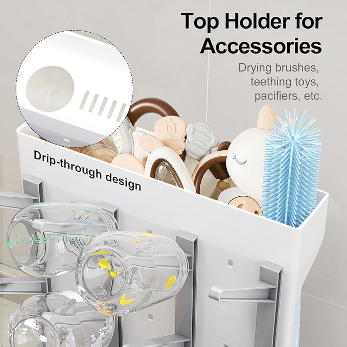 GoMaihe Baby Bottle Drying Rack: Space Saving Vertical Bottle Dryer Holder - Newborn Accessories Storage Stand Organize Brushes Pacifiers on Countertop - BPA-Free - Gray
