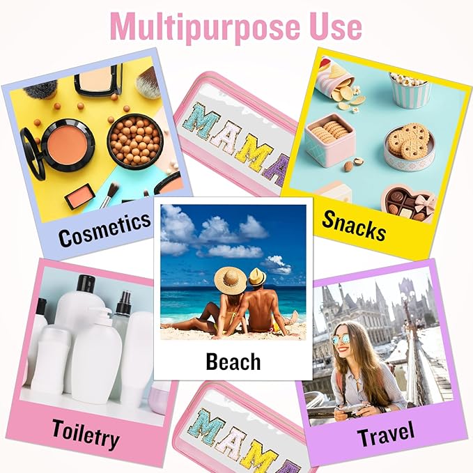 izuzta 2 Pcs Chenille Letter Clear Makeup Bag Mama Baby Pouch, Hospital Duffle Pink Diaper Organizing Pouches with Zipper, Travel Toiletry Nylon Cosmetic for Women(MAMA+BABY)
