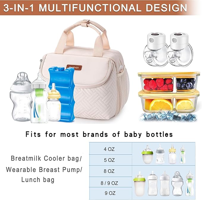 Breastmilk Cooler Bag with Ice Pack Fits 6 Baby Bottles up to 9 Ounce, Wearable Breast Pumps Cooler Bag for Nursing Mom Daycare, Work, Travel- White
