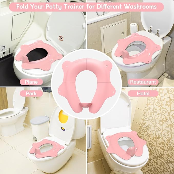 Foldable Travel Potty Seat for Toddler, Portable Toilet Training Seat for Kids on The Go, Fits Round & Oval Toilets with Non-Slip Base & Travel Bag for Car Airplane Essentials, Pink