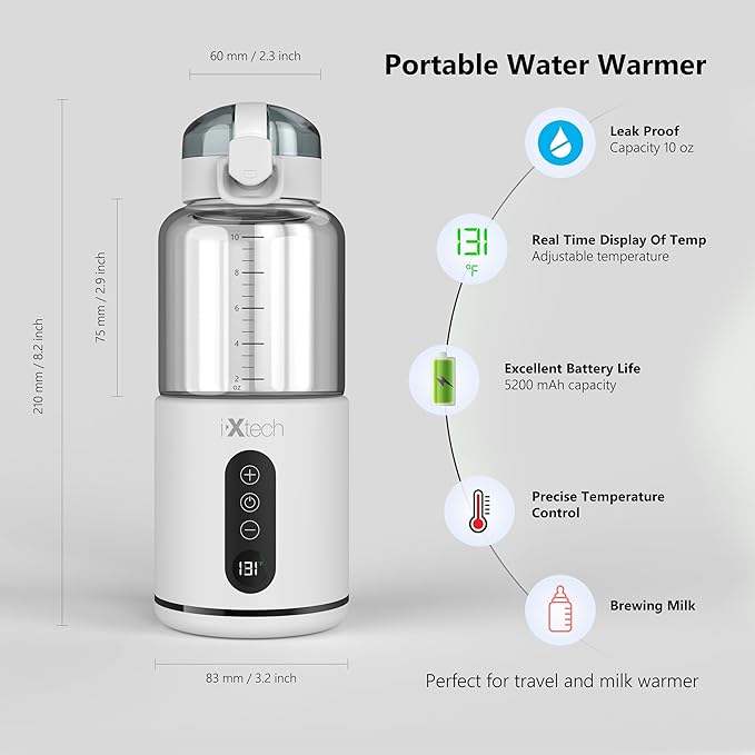 IXTECH Portable Water Warmer for Travel, Instant Breastmilk, Baby Formula, Water, Portable Bottle Warmer, 10., Ounces with Adjustable Temperature Control, Rechargeable and Wireless.