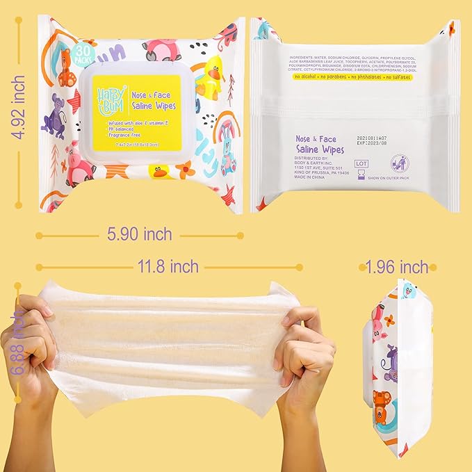180 Count Saline Baby Wipes, Unscented, 7.4 x 7.2 Inch, Moist and Refreshing, Multi-Purpose Use, Ideal for Travel