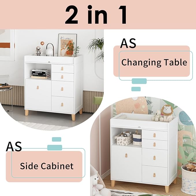 Timechee Baby Changing Table Dresser, 33.5" Baby Nursery Dresser with Drawers & Shelf, Wooden Storage Cabinet Chest w/Changing Station for Infant Kids Bedroom, White