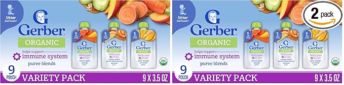 Gerber Organic For Baby 2nd Foods Pouches Immune Builder Variety Pack (3) Carrot Apple Mango (3) Mango Peach Carrot Sweet Potato Oatmeal (3) Pear Mango Avocado 1.96lb (18 Pack)