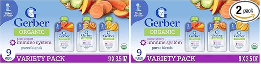 Gerber Organic For Baby 2nd Foods Pouches Immune Builder Variety Pack (3) Carrot Apple Mango (3) Mango Peach Carrot Sweet Potato Oatmeal (3) Pear Mango Avocado 1.96lb (18 Pack)