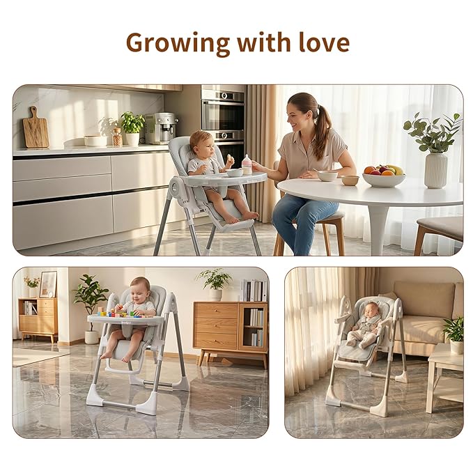 Babilous High Chair, Foldable High Chairs for Babies and Toddlers, Ultra Safe for Infant with Lockable Wheels, Easy Clean, Removable Tray/Adjustable Footrest for Baby Feeding HighChair, Grey