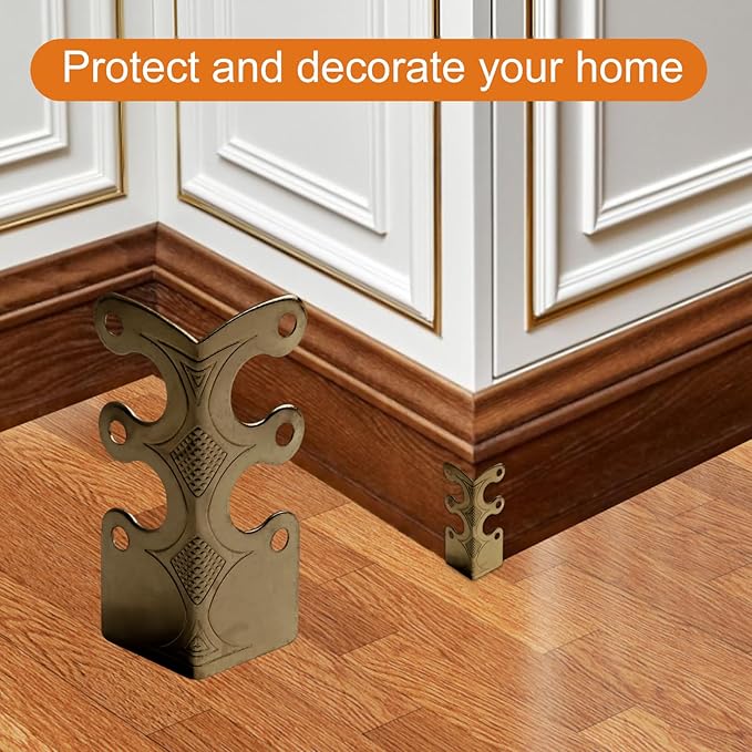 6Pcs Baseboard Corner Protectors for Furniture, Rustic Vintage Metal Corner Guard, Decorative Baseboard Shield, Brass Skirting Board Protection, Antique Bronze Furniture Edge Protector (Bronze)