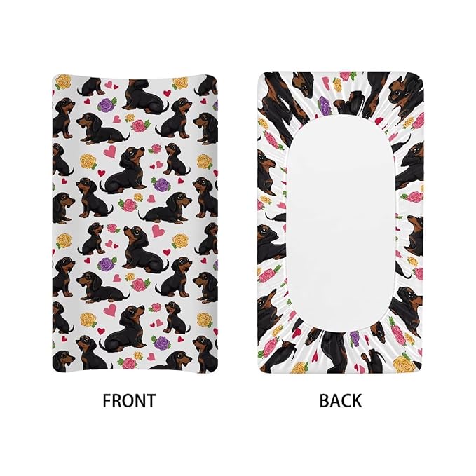 Dachshund Dog Cute Changing Pad Cover Baby Boy, Soft Stretchy Diaper Change Table Covers Fit 32'' x 16 ''Diaper Changing Table Mat Sheets, One Size, Rose Floral Change Mat Liners