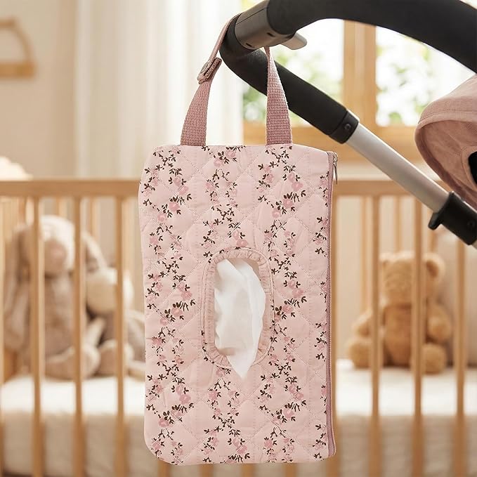 Quilted Baby Wipe Holder, Canvas Floral Quilted Pouch with Hanging Strap, Portable Diaper Wipe Holder for Travel Stroller-Long Branch Pollen