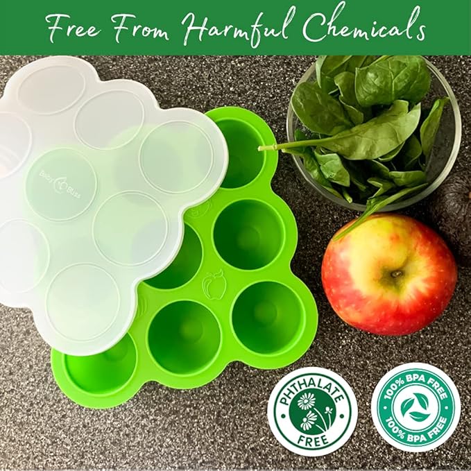 Silicone Baby Food Storage Container and Freezer Tray - Food-Grade Silicone Mold with Clip-On Lid - 9 x 2.5 Oz Easy Out Portions (Green)