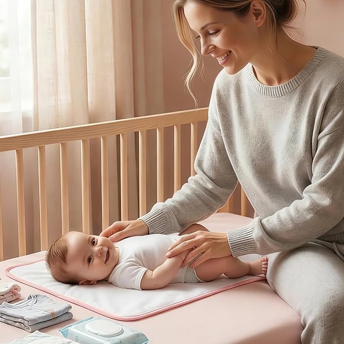 Portable Diaper Changing Pad for Baby - Waterproof Compact Changing Mat with Wrist Strap - Wipeable Travel Changing Pad for Diaper Bag - Gifts for Baby Shower by PHOEBUS BABY(Pink Flowers)