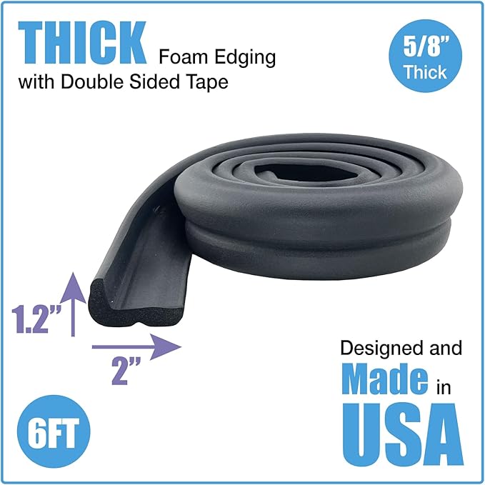 KidKusion Jumbo Edge Cushion | 6Ft | Black | Made in USA | Child Safety Edge Guard, Babyproof Furniture Bumper