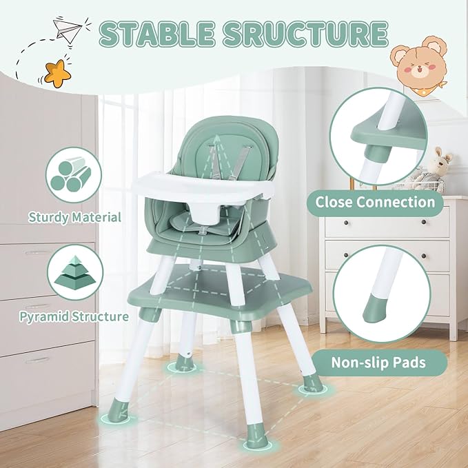 Kinder King 8 in 1 Baby High Chair, Coverts to Dining Booster Seat/Kids Table & Chair Set/Toddler Building Block Table/Kids Stool, Removable Tray & Double Seat Cover, Easy to Wipe, Green & White
