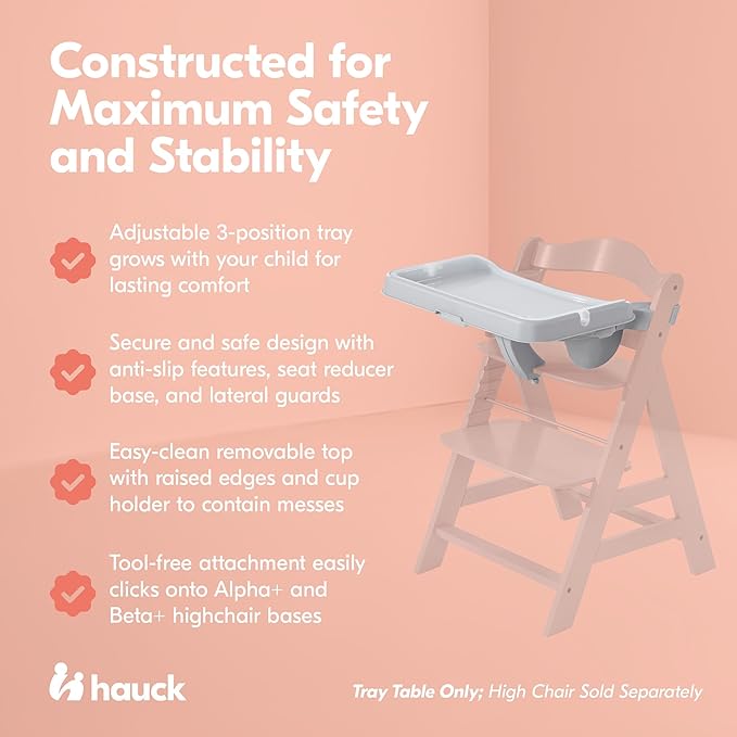 hauck Alpha Removable Non Slip High Chair Table Tray with Adjustable Depth, Compatible with Wooden Grow-Along Alpha+ and Beta+, Accessory Only, Grey,