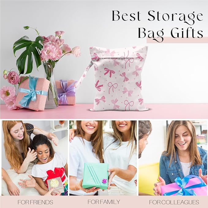 Wet Bag, Wet Dry Bag, Swimsuit Bags, Beach Essentials, Waterproof Bags for Women Ideal for Travel, Beach, Pool, Diapers, and Dirty Yoga Gym Clothes（Pink Bow Decor）